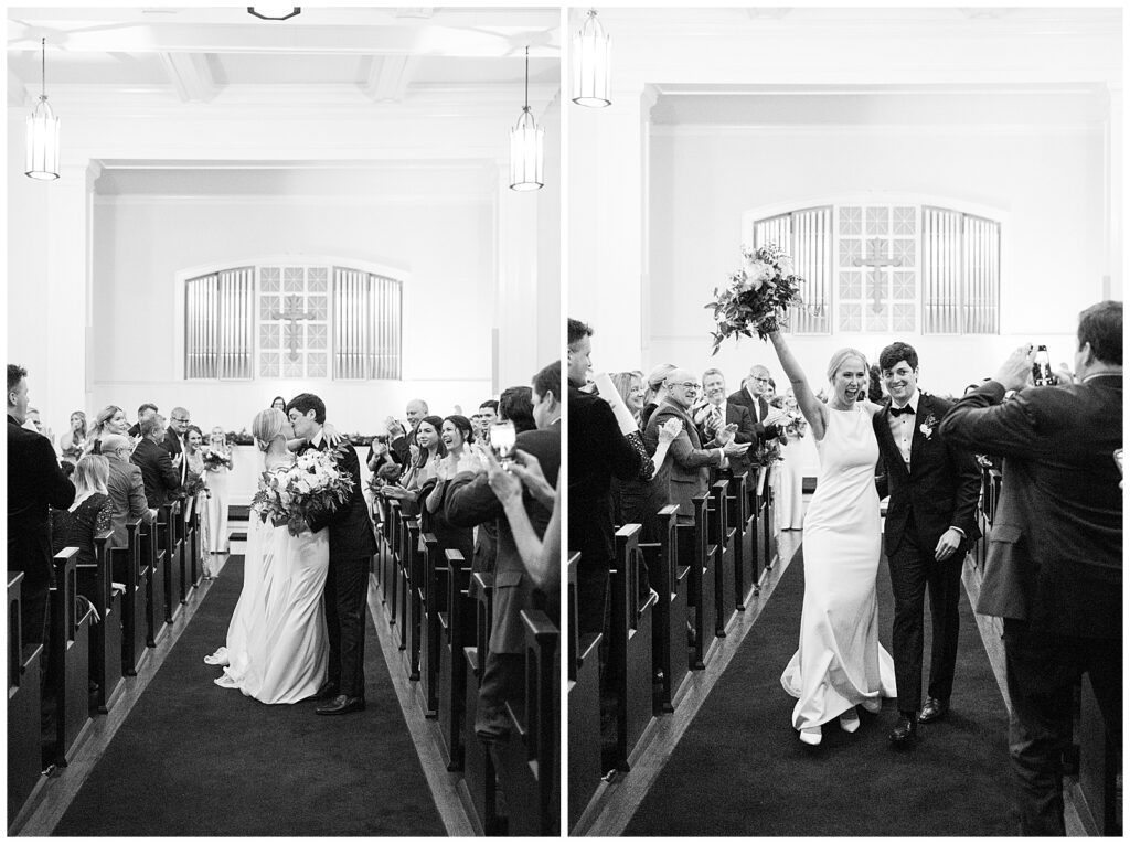 bride and groom kiss in middle of aisle at wedding ceremony