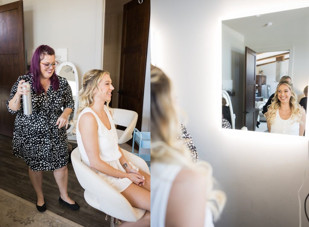 Behind the scenes at South Wind Ranch, Travelers Rest SC - Candid shot of the bride's excitement during the hair and makeup session before the wedding