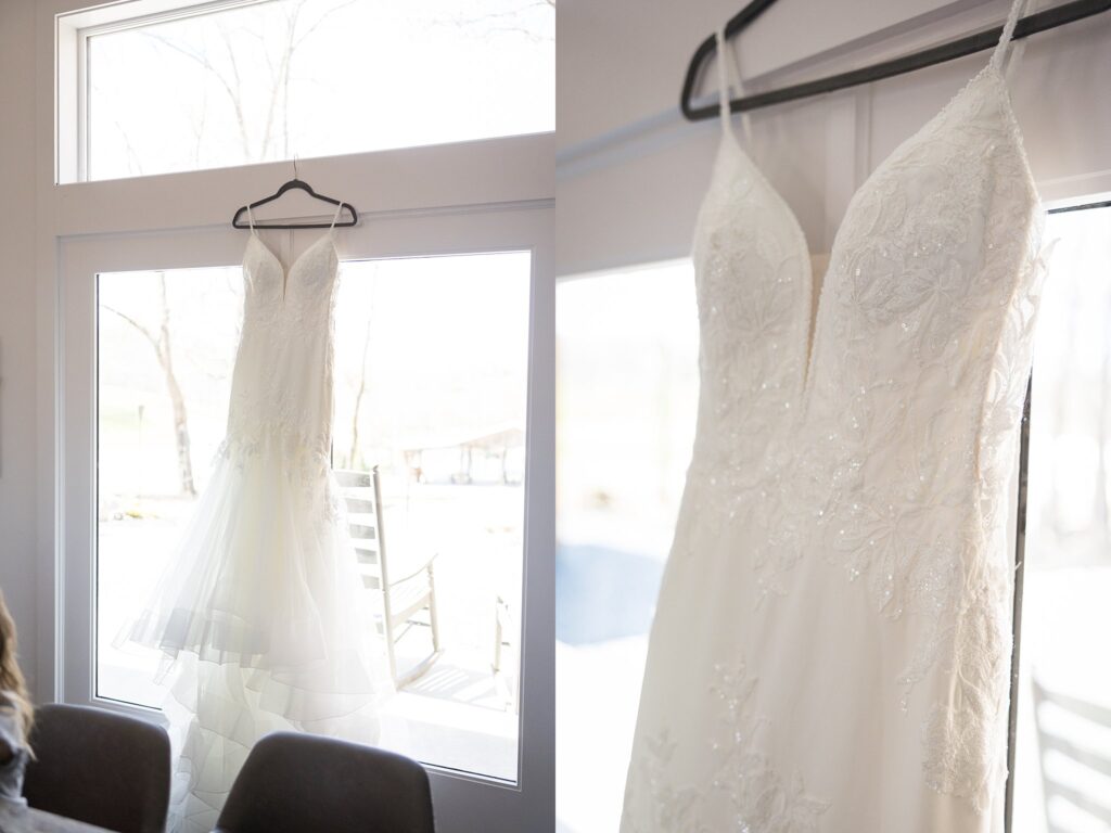 Elegant bridal gown hanging at South Wind Ranch, Travelers Rest SC - A stunning moment captured as the bride's dress awaits her magical walk down the aisle.