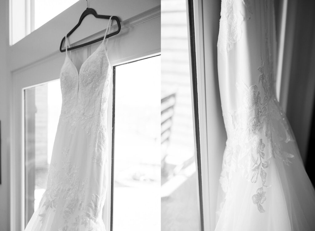 Graceful wedding dress display at South Wind Ranch, Travelers Rest SC - The bride's gown adorned with intricate details, ready to make her dreams come true