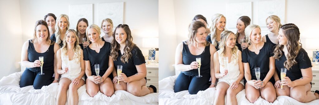 Fun-filled bridal party in pajamas toasting with champagne at South Wind Ranch, Travelers Rest SC - Capturing the carefree and heartwarming moments before the festivities begin