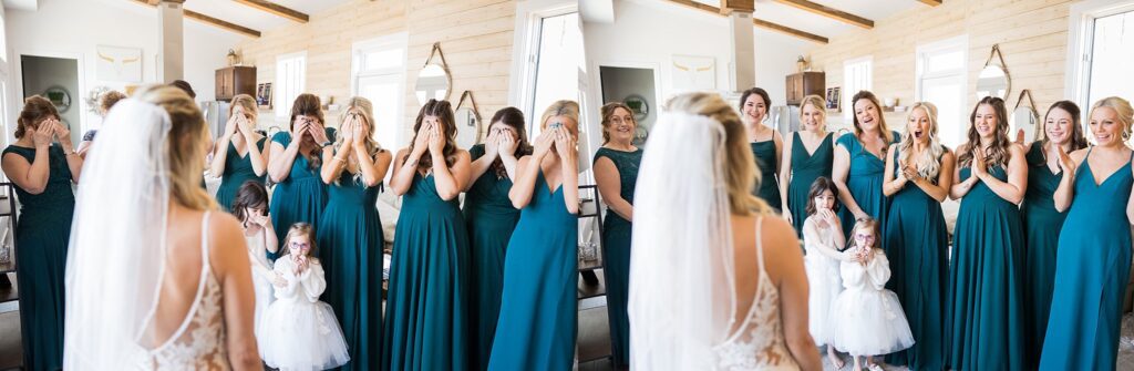 Unforgettable First Glance: Bridesmaids' reaction to fully ready bride, South Wind Ranch - A heartwarming scene as bridesmaids witness the bride's transformation