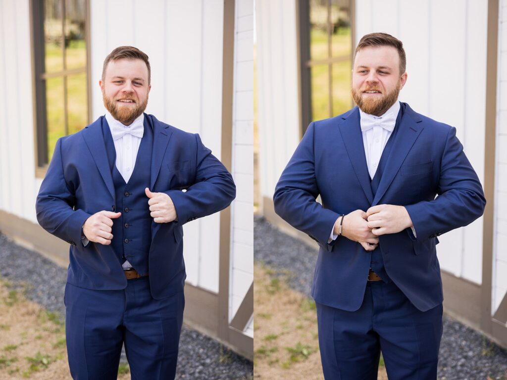 Groom's Wedding Attire: Putting on and buttoning his jacket at South Wind Ranch, Travelers Rest SC - Capturing the groom's preparation for the big day