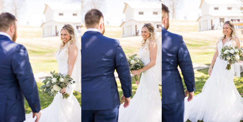 Joyful Reunion: Bride and Groom's First Look at South Wind Ranch, Travelers Rest SC - Their smiles light up the moment they set eyes on each other
