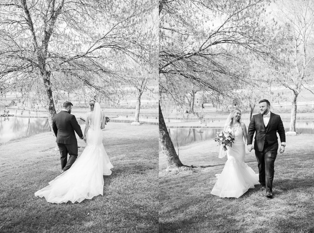 Bride and Groom's Romantic Stroll at South Wind Ranch - Taking a leisurely walk, hand in hand, savoring their newlywed bliss
