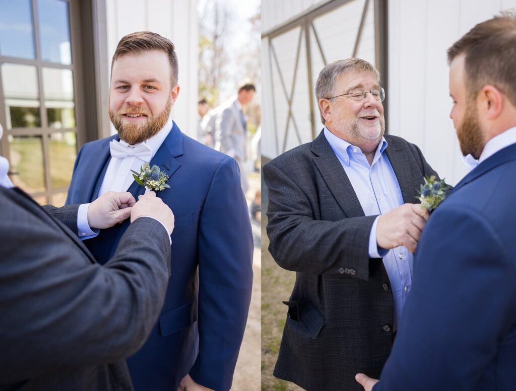 Groom's Finishing Touches: Adjusting his tie at South Wind Ranch, Travelers Rest SC - Fine-tuning his look for the memorable day