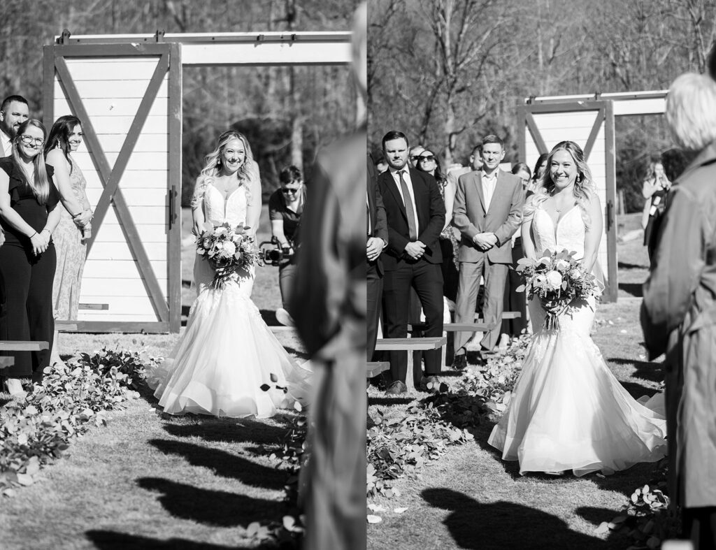 Embracing the Moment: Bride's Joyful Walk Down the Aisle at South Wind Ranch - Her smile shining brightly as she approaches her beloved