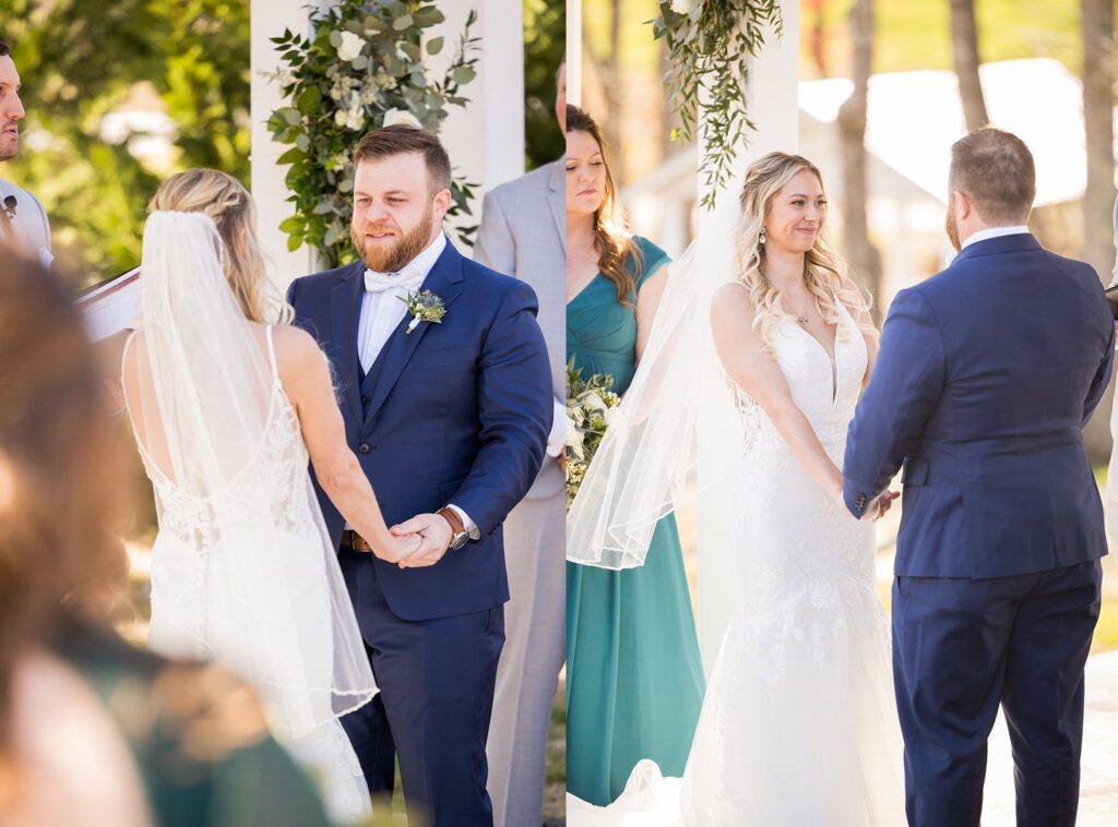 Love in Their Eyes: Bride and Groom Smiling at Each Other During the Ceremony at South Wind Ranch - A heartwarming exchange of affectionate glances, filled with love and happiness on their special day