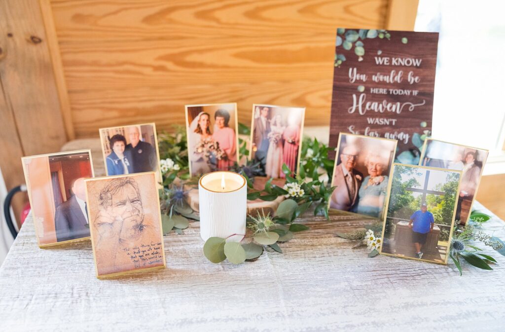 Memories Treasured: Table of Loved Ones' Pictures at South Wind Ranch - Honoring cherished memories of dear grandparents who watch from above