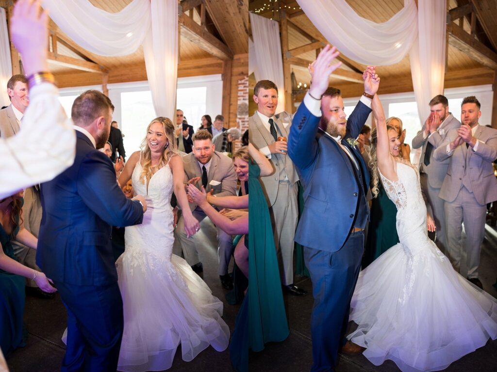 Shared Happiness: Bride and Groom Celebrating with Loved Ones on the Dance Floor - Embracing the love and support of their closest companions