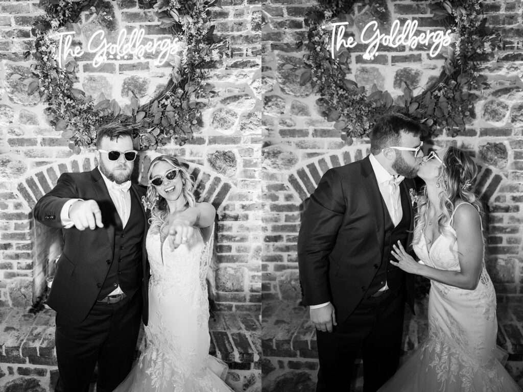 Shades of Love: Bride and Groom Wearing Wedding-Branded Sunglasses at the Reception Headtable - A playful moment, capturing their love and laid-back charm.