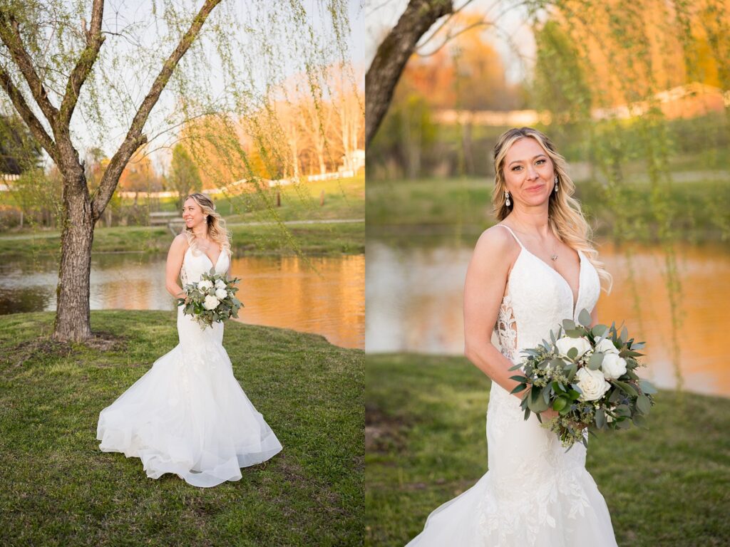 Serenity in the Fields: Bride Embracing the Magic of Sunset at South Wind Ranch - A peaceful and picturesque scene, capturing her beauty in nature's embrace