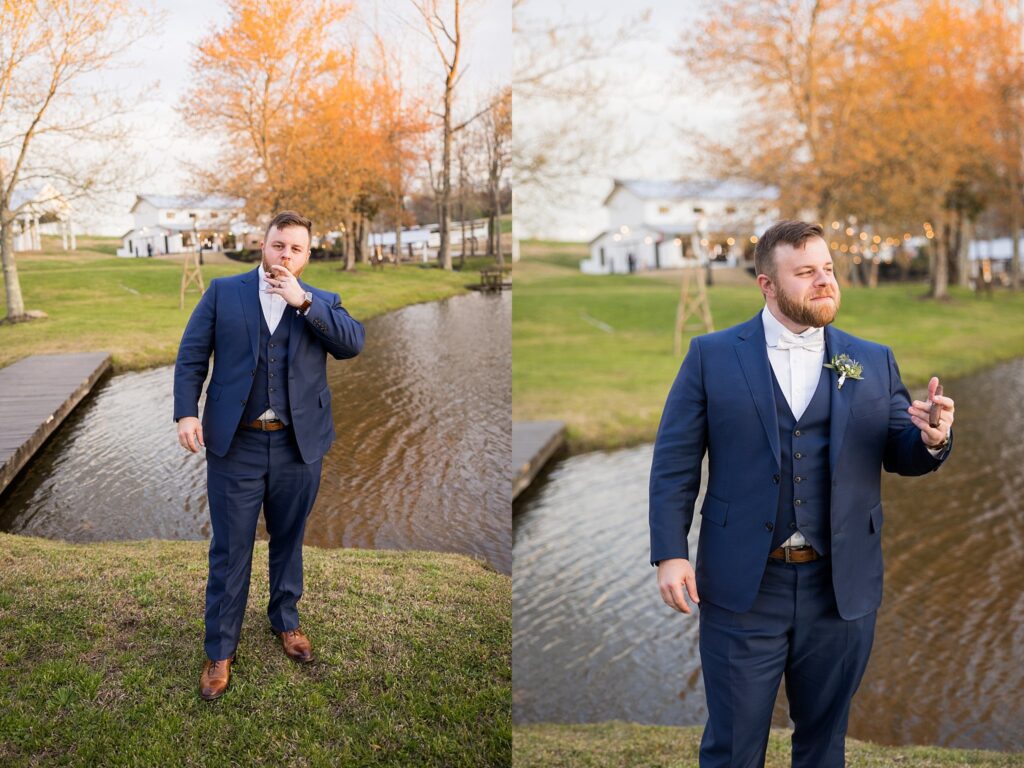 Savoring the Moment: Groom Posing with a Cigar - A suave portrait capturing his relaxed demeanor and the joy of celebration.