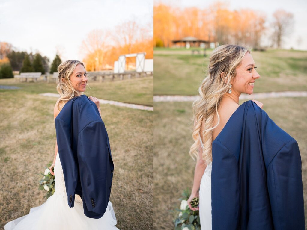 The Groom's Embrace: Bride Wearing the Groom's Jacket with Grace - A captivating portrait, symbolizing their love and unity