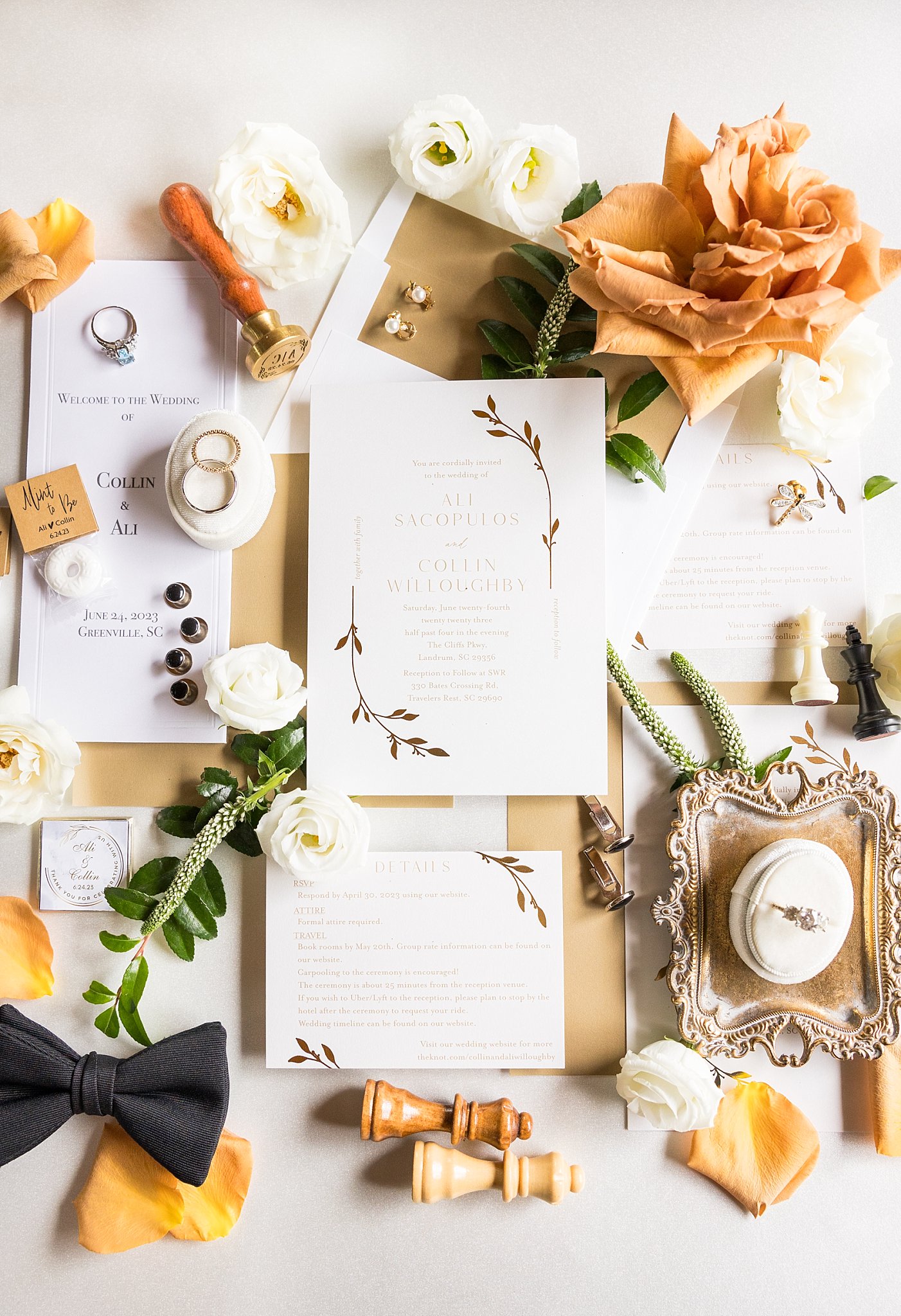 Elegant wedding invitation suite for Ali + Colin's celebration at Cliffs at Glassy Chapel, meticulously photographed by Lace + Honey Weddings, expert Greenville, SC wedding photographers.